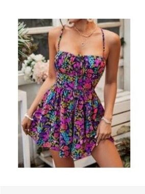SHEIN VCAY Vacation Mini Ditsy Floral Backless Strap Jumpsuit L